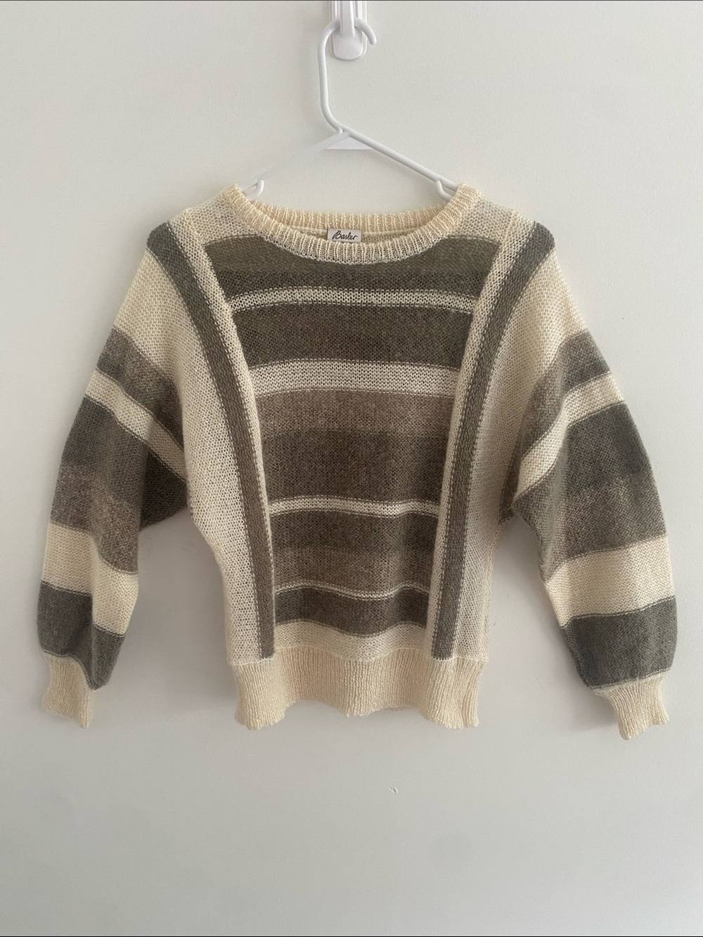 Vtg Basler German Mohair Blend Knit Striped Neutral Batwing Sleeve Crew Sweater